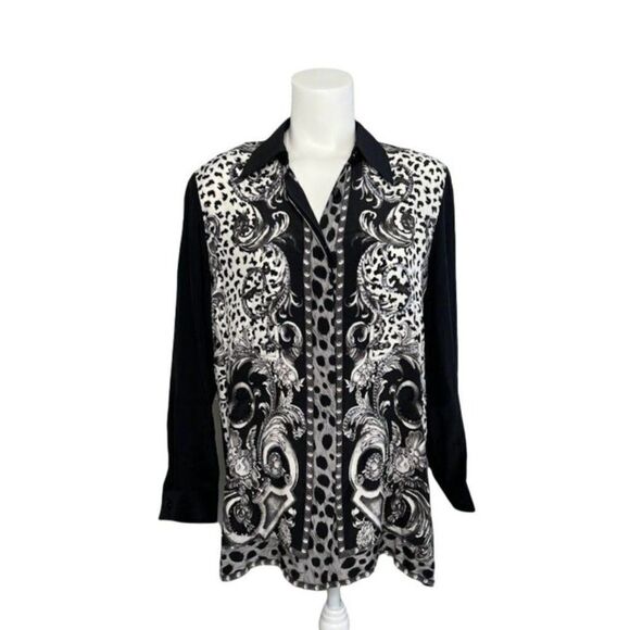 DIANE GILMAN Black White Gray Silk Blouse‎ Top Sequin Embellished Small - Picture 1 of 6